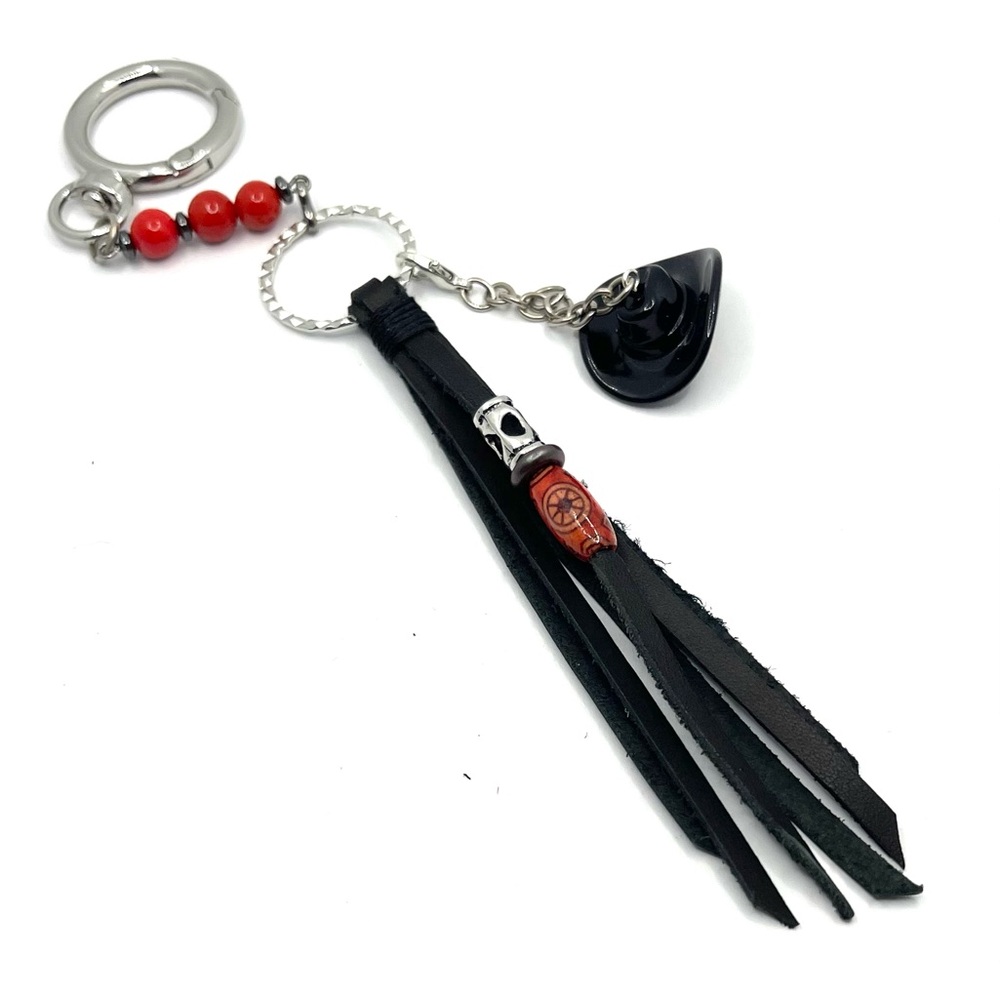 Leather tassel and red coral stones beads￼keychain, bag charm. Handmade- New